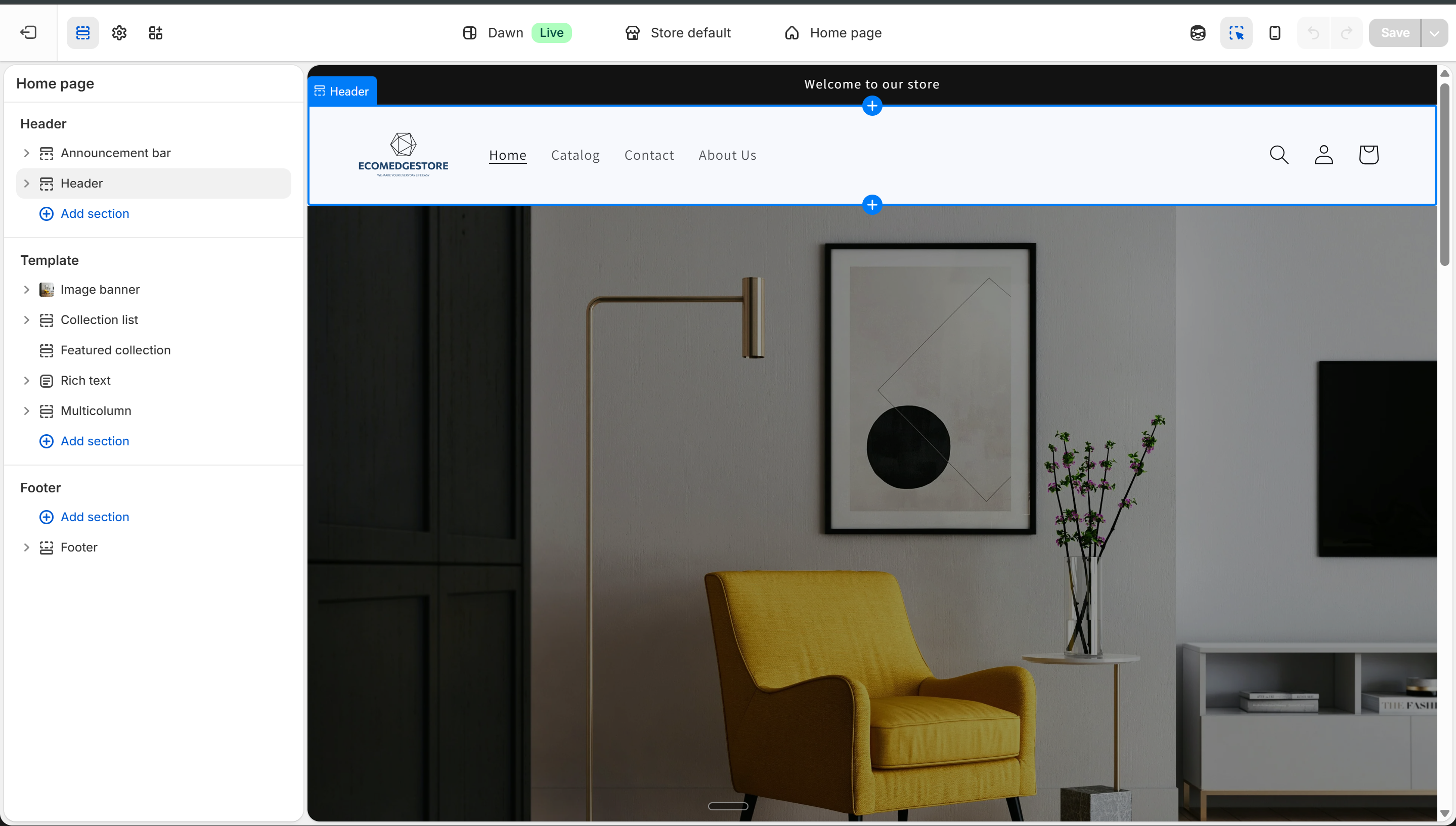 Theme Editor — homepage sections in sidebar